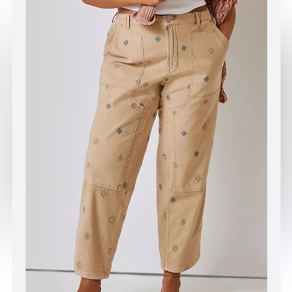 Anthropologie Pilcro Roamer Boho Cargo Utility Khaki Embroidered Pants Size 27